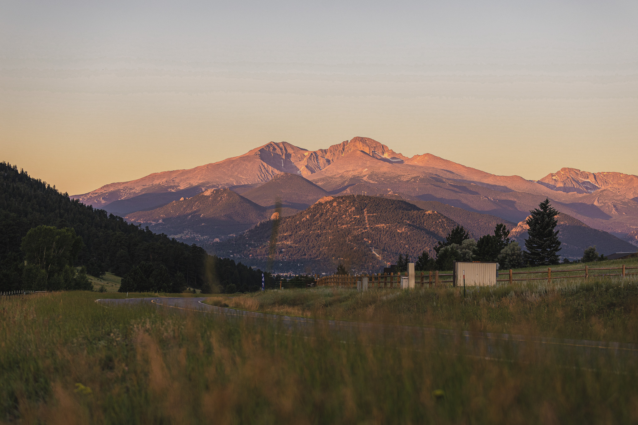 Alpenglow on Longs Peak above Estes Park, Colorado at sunrise